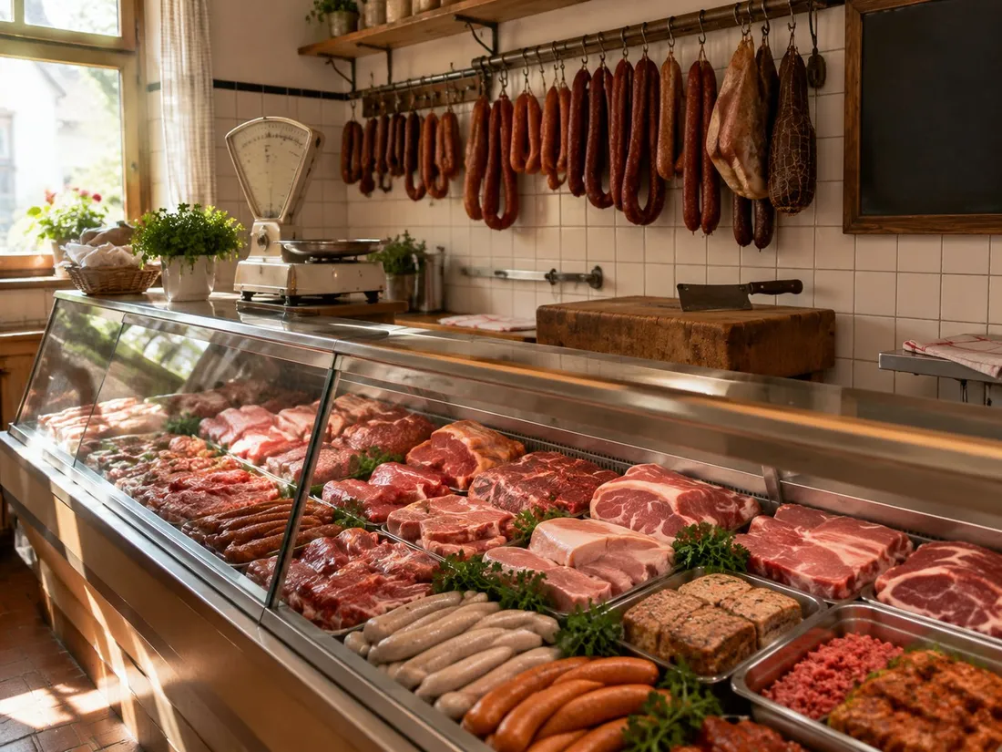 Eine kleine, alte Metzgerei mit Fleischtheke